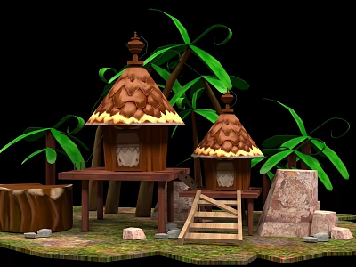 Cartoon Scene With Two Thatched Huts Palm Trees Rocks And Wooden Stairs 3d model