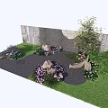 Charming Garden Landscape with Colorful Flowers Green Grass Decorative Stones Small Tree and Stone Wall