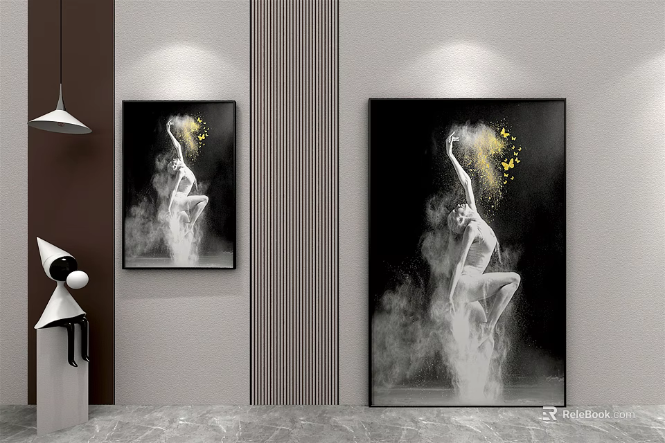 Modern Interior Wall Decor With Black White Gold Dance Art Prints 3d model 