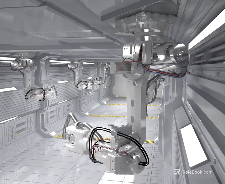 Industrial Robotic Arms In Automated Facility With Mechanical Components And Ceiling Mounts 3d model 