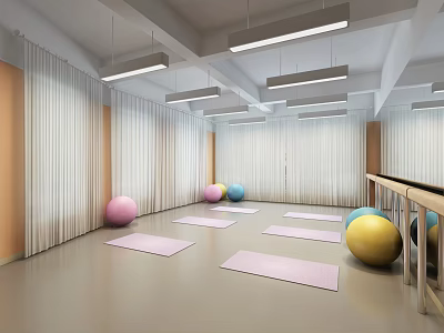 Well Lit Indoor Fitness Studio With Yoga Mats Colored Exercise Balls Barre And Curtains 3d model