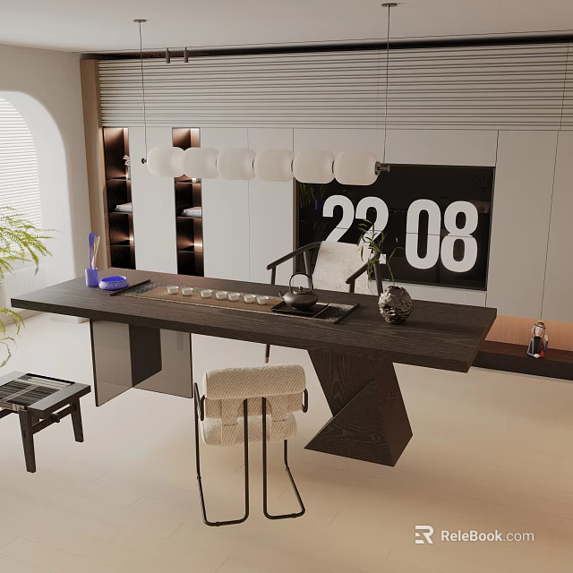 Modern Dining Table Set With Wooden Tabletop Hanging Lights And Kitchen Background 3d model