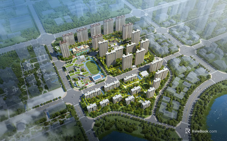 Aerial View Planning of Residential Complex With High Rise Buildings Central Green Spaces and Roads 3d model 