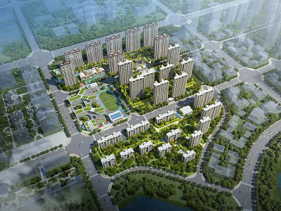 Aerial View Planning of Residential Complex With High Rise Buildings Central Green Spaces and Roads 3d model