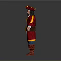 Man In Red Pirate Costume With Yellow Trim Hat Brown Belt And Boots