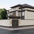 Modern Detached Villa Exterior With Dark Roof Light Walls Front Door And Green Trees