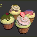 Colorful Cupcakes With Chocolate Sauce Cream Strawberry And Cherry Toppings On Black Background