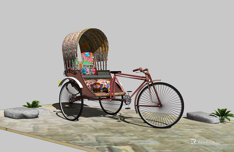 Colorful Decorated Rickshaw With Canopy On Stone Path Near Plants 3d model 