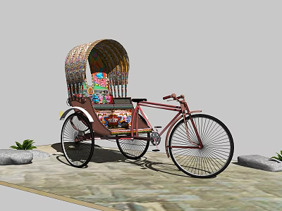 Colorful Decorated Rickshaw With Canopy On Stone Path Near Plants 3d model