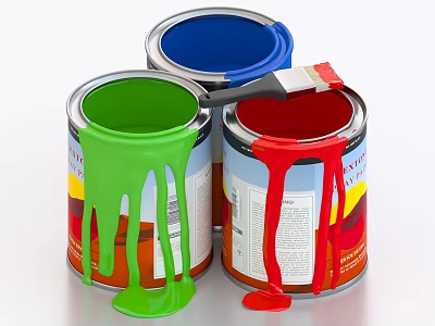Vibrant Colorful Paint Cans With Paint Brush And Dripping Paint 3d model