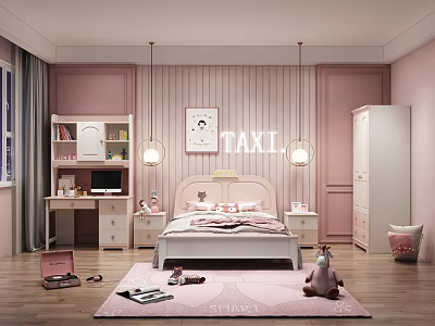 Pink Kids Room Interior With Bed Desk Bookshelf Pendant Lights And Toys 3d model