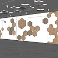 Wooden Hexagonal Pattern Background Wall Design with White Surface and 2F Sign 3d model