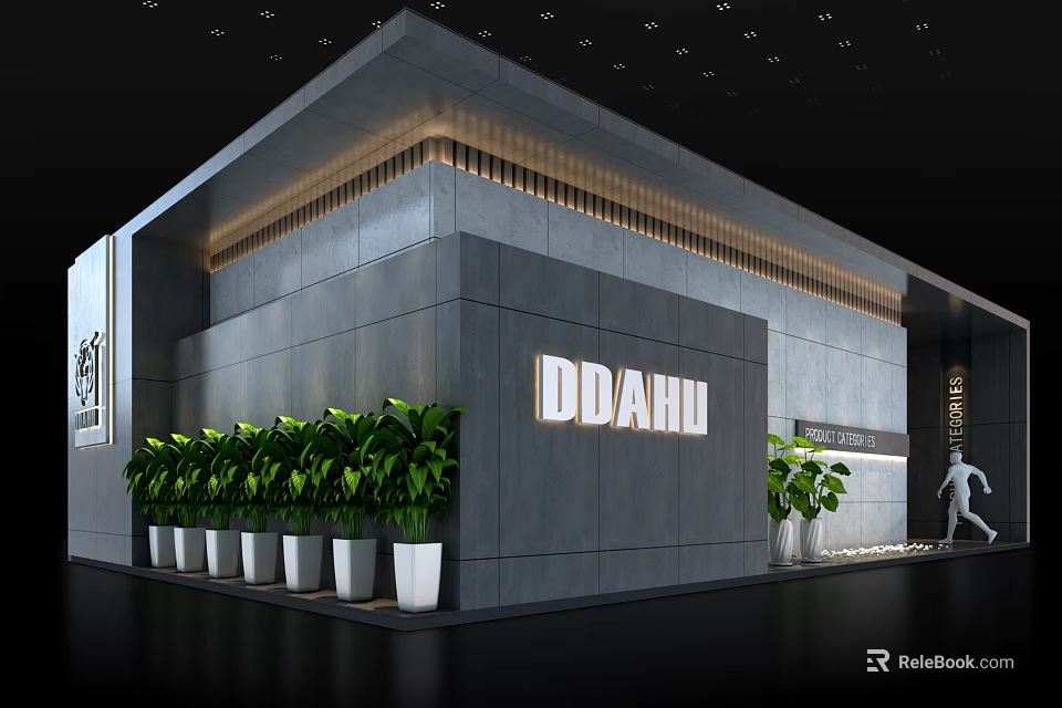 Modern Exhibition Booth Design With DDHU Logo Gray Wall And Green Plants 3d model 
