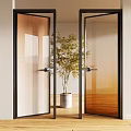 Modern Glass Swing Doors With Black Frame And Potted Plant In Interior Design