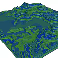 3D Micro Terrain Model Featuring Undulating Green Blue Landforms and Water Areas