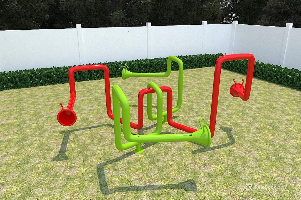 Kindergarten Outdoor Playground Featuring Green Red Tubular Structures On Grass With White Fence And Bushes 3d model 