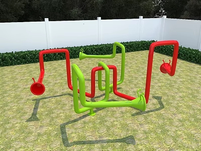 Kindergarten Outdoor Playground Featuring Green Red Tubular Structures On Grass With White Fence And Bushes 3d model