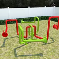 Kindergarten Outdoor Playground Featuring Green Red Tubular Structures On Grass With White Fence And Bushes