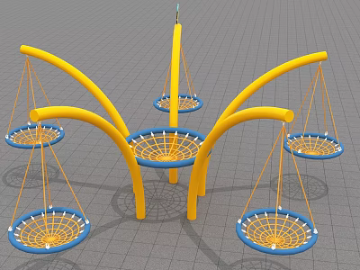 Outdoor Playground Equipment With Yellow Curved Frames And Suspended Blue Net Swings For Kids 3d model
