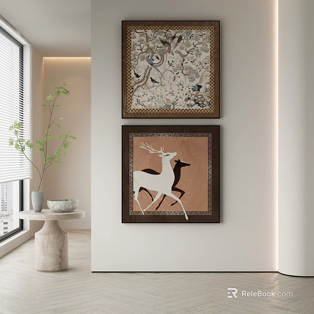 Abstract Painting With Deer Motif Framed On Wall In Modern Interior Decor 3d model