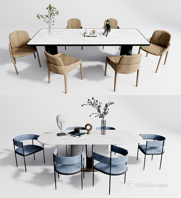 Modern Dining Table Set With White Marble Top Blue Brown Chairs Wooden Metal Legs 3d model 