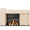 Modern Beige Stone Fireplace With Burning Flames And Wood Logs In Minimalist Setting