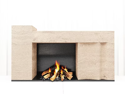 Modern Beige Stone Fireplace With Burning Flames And Wood Logs In Minimalist Setting 3d model