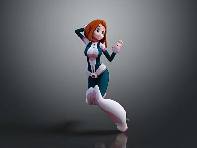 Orange Haired Female Character In Blue White Costume Dynamic Jumping Pose With Heroic Stance 3d model