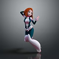 Orange Haired Female Character In Blue White Costume Dynamic Jumping Pose With Heroic Stance