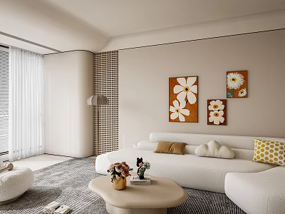 Modern White Sofa and Coffee Table Set With Floral Wall Art Decorative Cushions and Floor Lamp 3d model