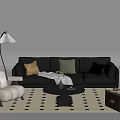 Modern Living Room Setup With Black Leather Sofa Colorful Pillows And Checkered Rug