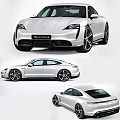 Porsche Taycan Silver Four Door Car With Sleek Design Black Wheels And Yellow Brake Calipers