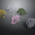 Colorful Trees with Yellow White Green Pink and Gray Foliage on Dark Background