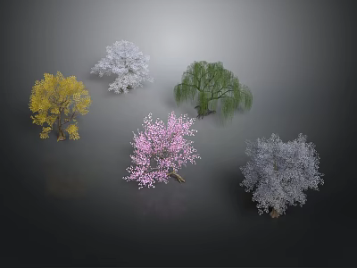 Colorful Trees with Yellow White Green Pink and Gray Foliage on Dark Background 3d model