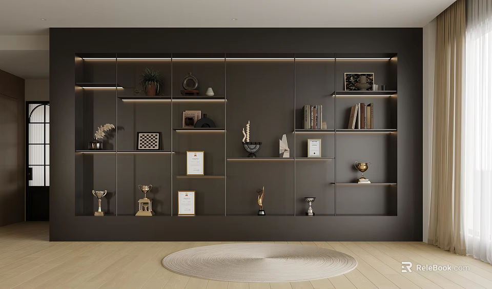 Modern Open Bookcase With Multiple Shelves Books Decorative Items Trophies And Art 3d model 