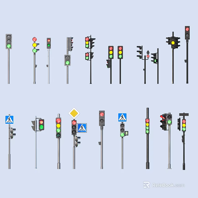 Various Traffic Lights And Road Signs Collection With Different Pole Designs 3d model 