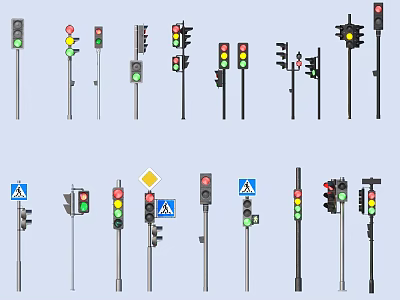 Various Traffic Lights And Road Signs Collection With Different Pole Designs 3d model