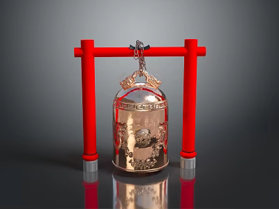 Red Torii Like Frame Hanging Decorative Copper Bell With Carved Patterns And Reflection 3d model
