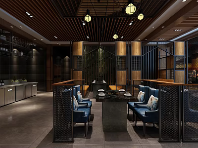 Modern Chinese Restaurant Interior With Wooden Ceiling Lanterns Blue Seats Black Partitions Marble Dining Tables 3d model