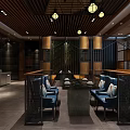 Modern Chinese Restaurant Interior With Wooden Ceiling Lanterns Blue Seats Black Partitions Marble Dining Tables