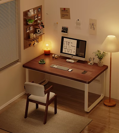 Modern Home Office Workspace With Wooden Desk Chair Computer And Lamp 3d model