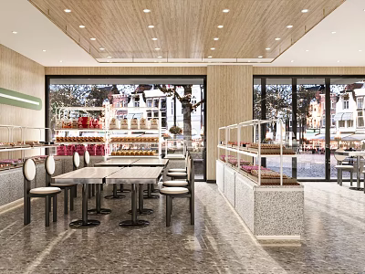 Dessert Shop Bright Interior With Display Cases Tables And Large Windows 3d model