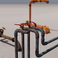 Orange And Brown Pipes With Rusty Water Pump Against Blue Sky And White Ground