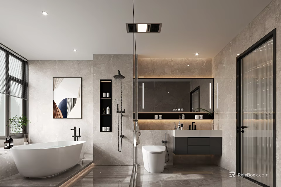 Modern Bathroom Interior With Bathtub Toilet Large Mirror And Tile Walls 3d model 