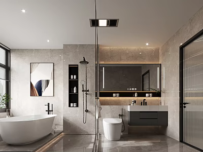 Modern Bathroom Interior With Bathtub Toilet Large Mirror And Tile Walls 3d model