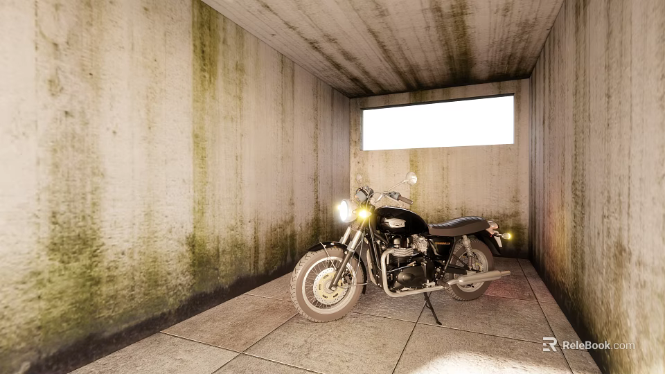 Classic Black Motorcycle Parked in Concrete Space With Mossy Walls Tiled Floor and Window 3d model 
