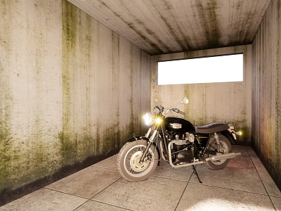 Classic Black Motorcycle Parked in Concrete Space With Mossy Walls Tiled Floor and Window 3d model