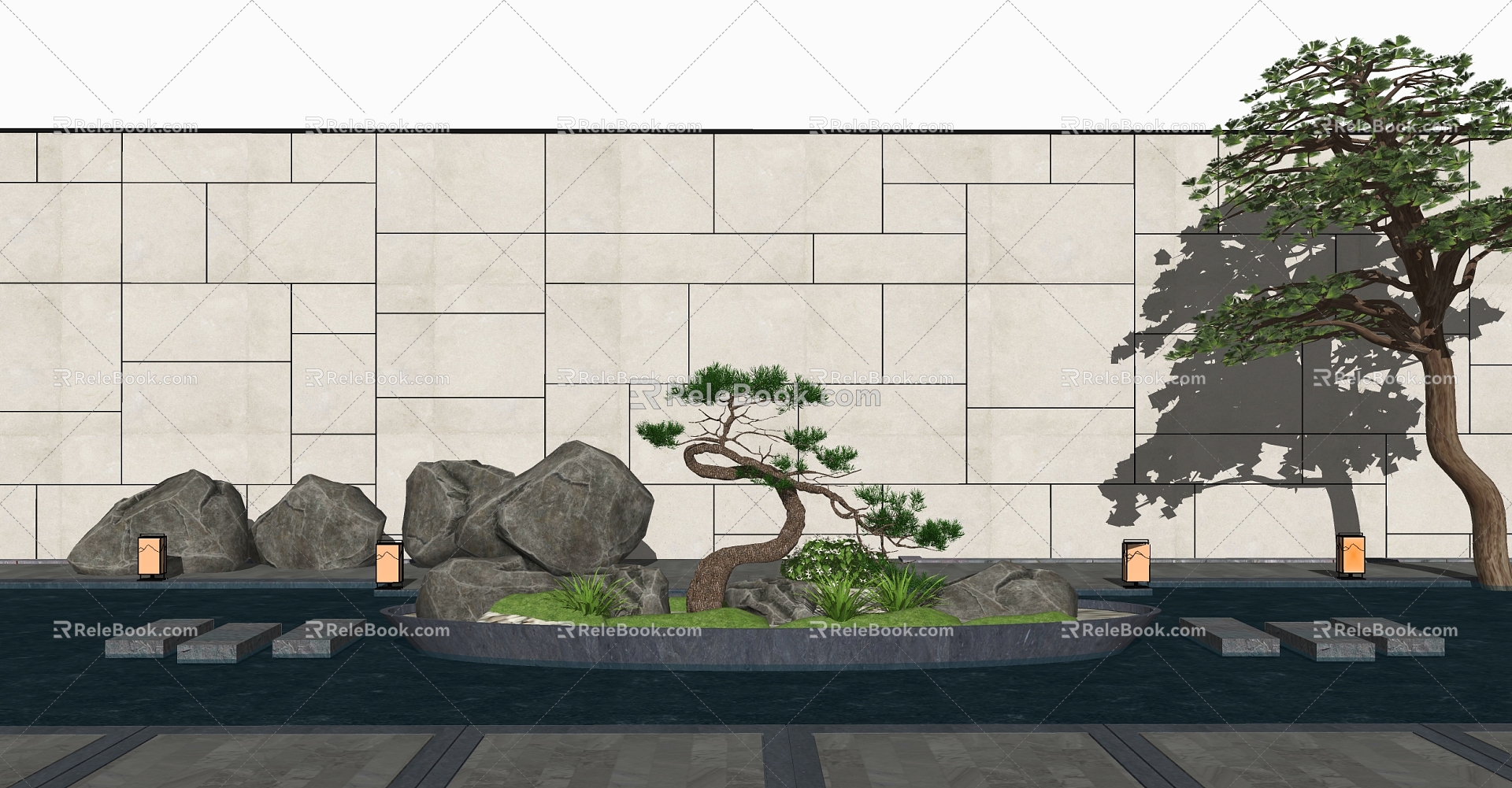 New Chinese style landscape sketch courtyard landscape sketch pine stone model