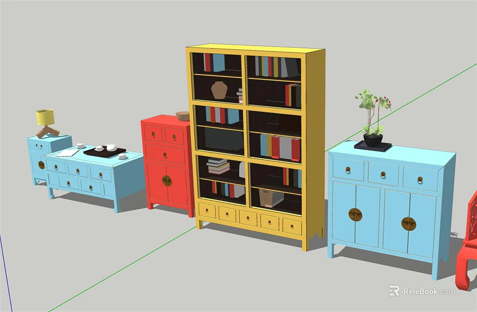 Colorful Decorative Cabinets With Shelves Drawers Potted Plant And Decorative Items 3d model 