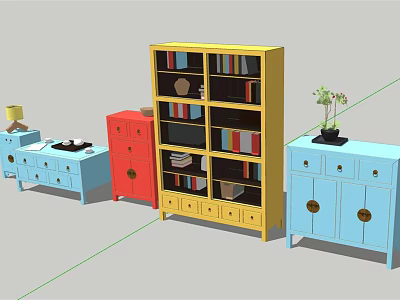 Colorful Decorative Cabinets With Shelves Drawers Potted Plant And Decorative Items 3d model